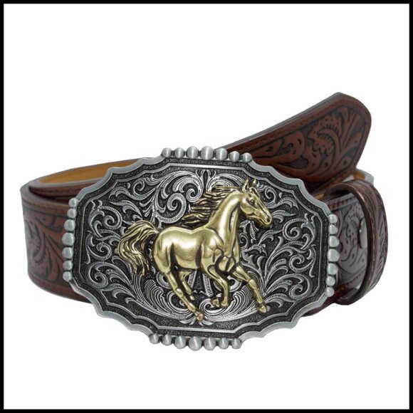 Accessories - Western PU Leather Belt Floral Embossed Vintage Buckle Cowgirl Cowboy Style